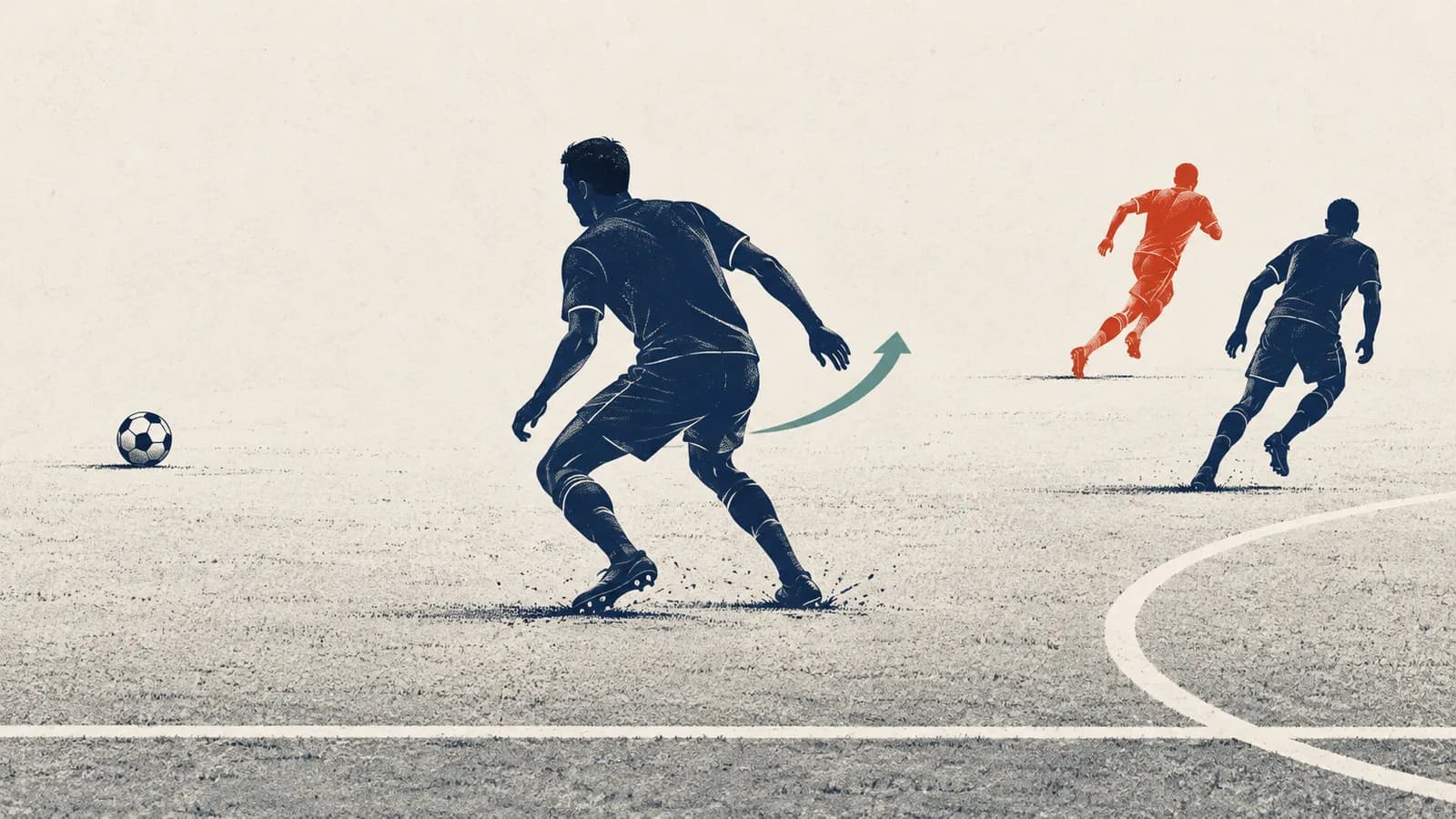 Screenprint illustration of a navy football defender pivoting toward a ball while a vermilion attacker and another navy defender run into space.