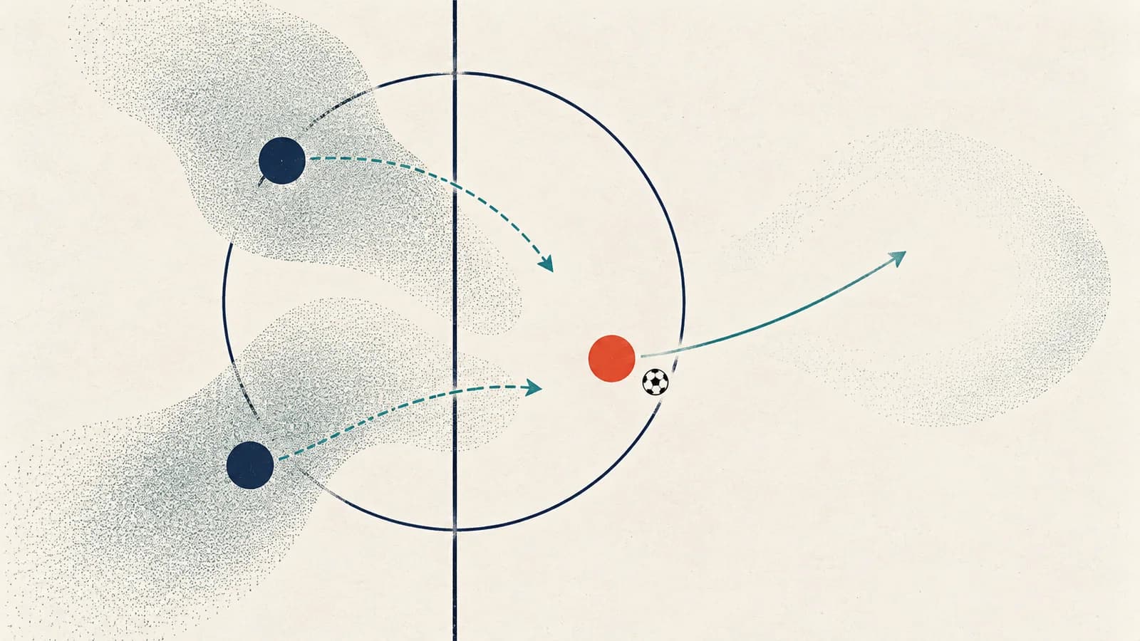 Overhead midfield illustration with two navy defenders, a vermilion attacker, a ball, curved movement paths and stippled areas of influence.