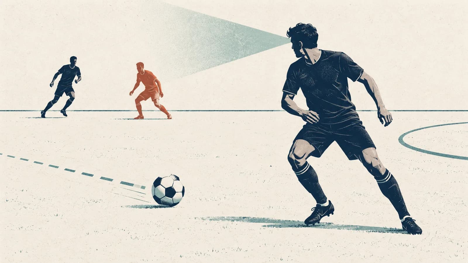 Screenprint illustration of a midfielder turning their head before receiving a football, with two other players and a conceptual teal field of attention.